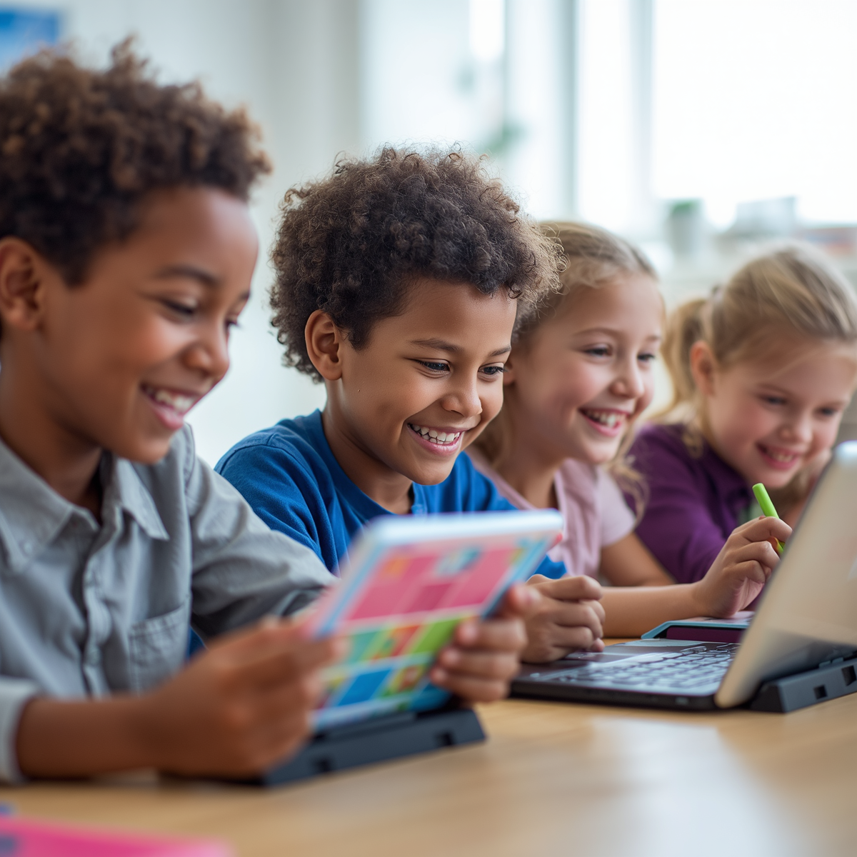 Children using Novakid English learning app for kids on tablets and laptops in 2026